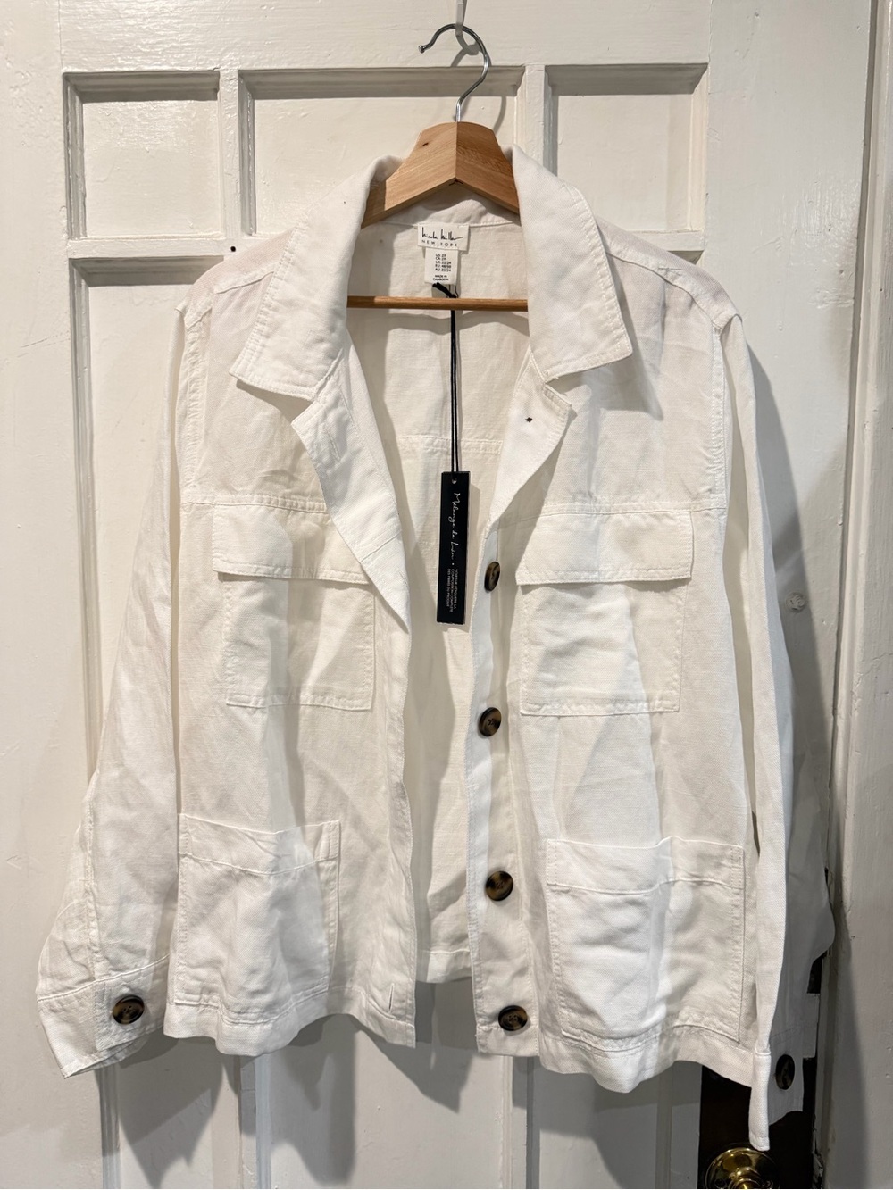 Nicole by Nicole Miller White Cotton Utility Jacket with Dark Buttons